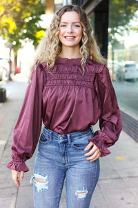 WINE MARSALA BE YOUR BEST SATIN SHIRRED YOKE FRILLY MOCK NECK BLOUSE