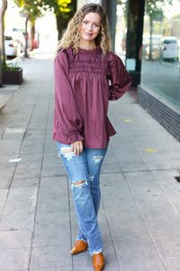 WINE MARSALA BE YOUR BEST SATIN SHIRRED YOKE FRILLY MOCK NECK BLOUSE