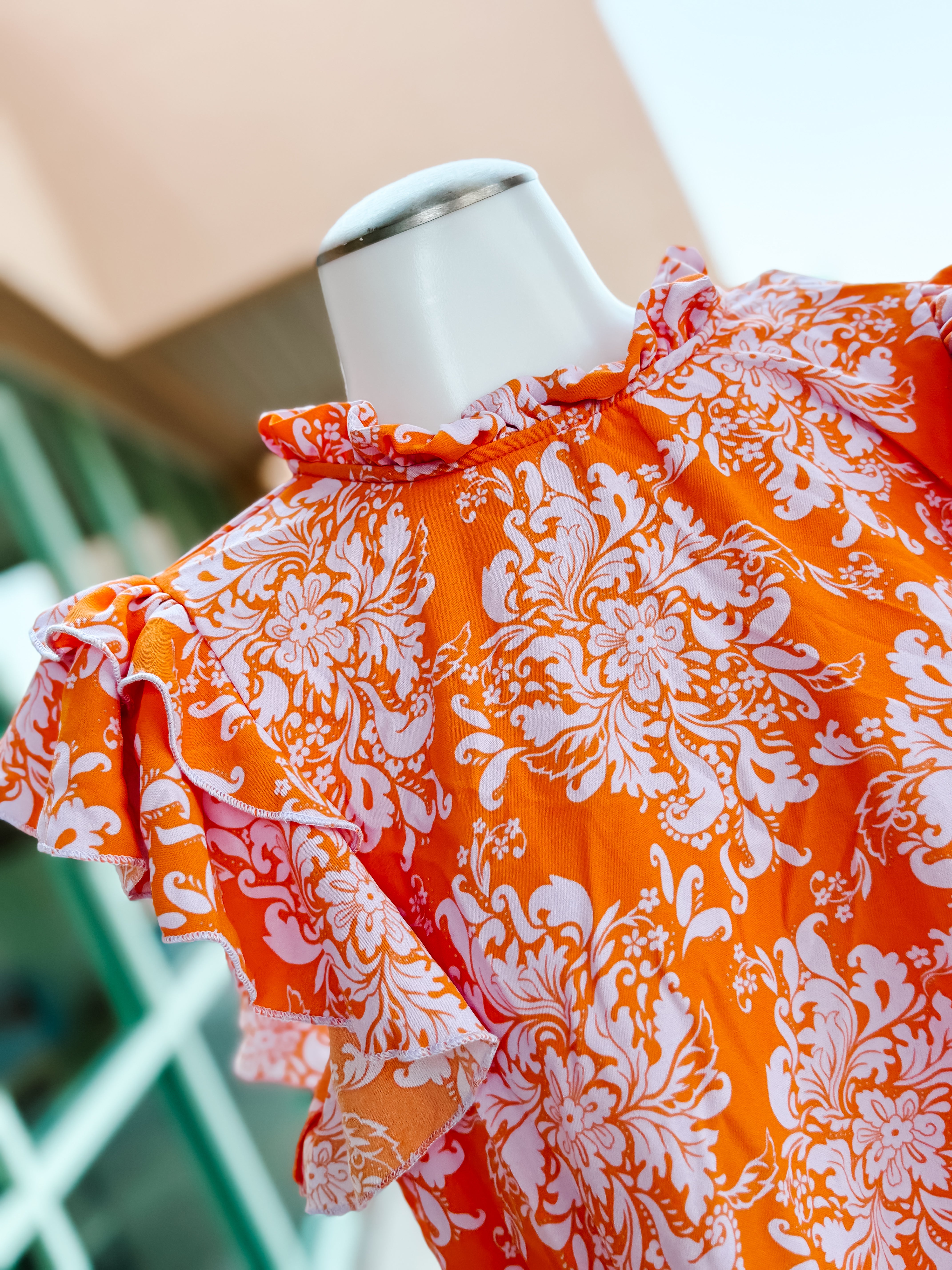 Orange Lilac Floral Mock Neck Double Layered Ruffle Top- SALE