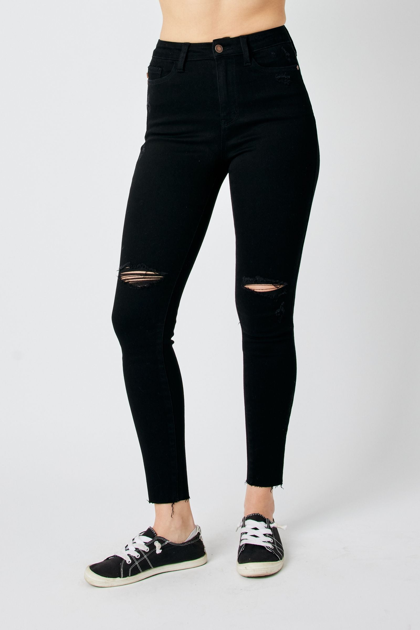 BLACK JUDY BLUE HIGH WAIST HEAVY DESTROYED RAW HEM SKINNY DENIM-PLUS