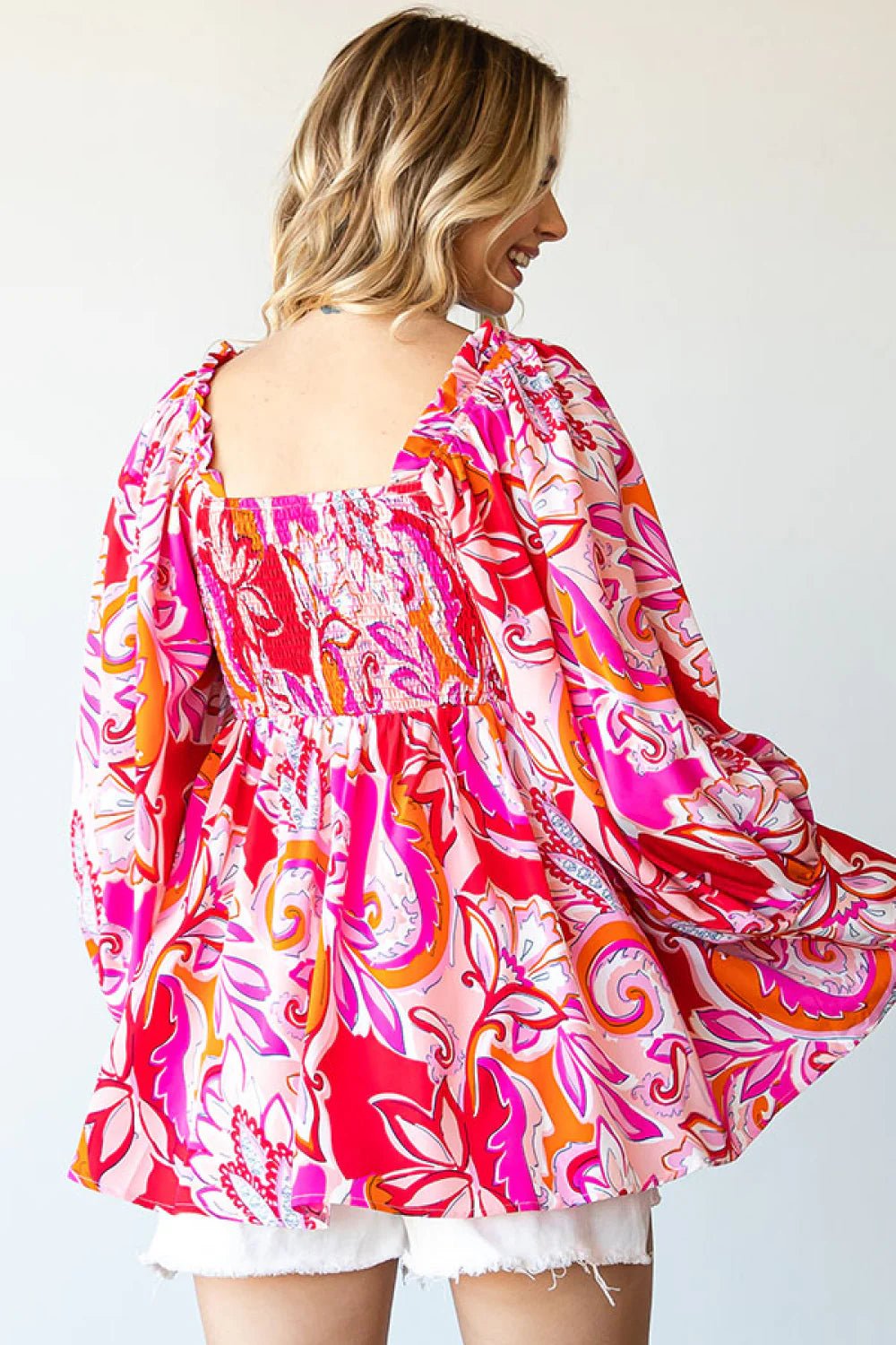 GROOVY RETRO PINK RED ORANGE FUCHSIA DESIGN BABYDOLL WOVEN TOP- SALE