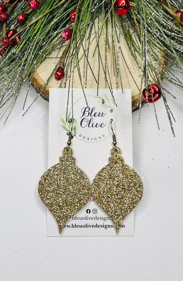 ORNATE LONG CHRISTMAS ORNAMENT SHAPE LEATHER HANDMADE EARRINGS BY B.O.D