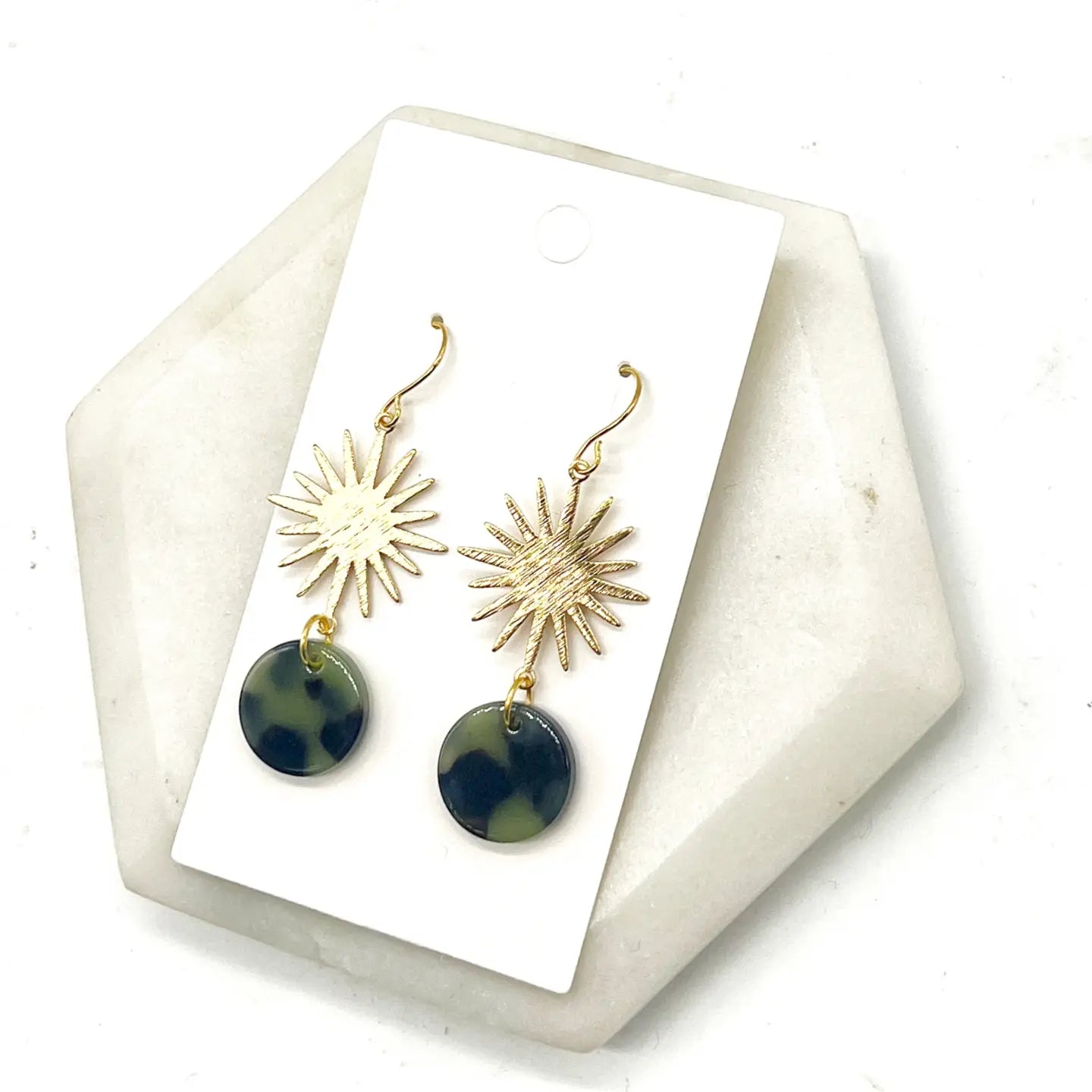 OLIVE GREEN SUNBURST METAL ACRYLIC STATEMENT DANGLY HANDMADE BBB EARRINGS