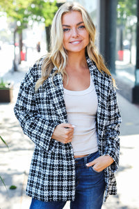 BLACK WHITE HOUNDSTOOTH DESIGN BLAZER PEACOAT