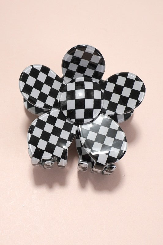 JUMBO CHECKERED FLOWER HAIR CLAW CLIP