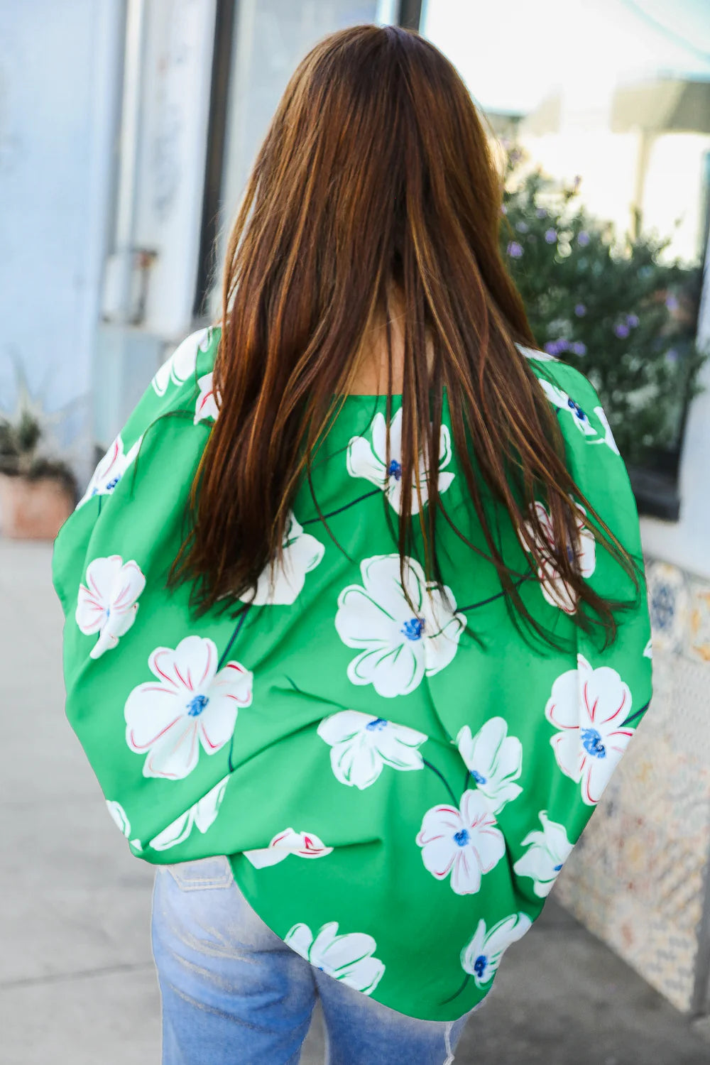 GREEN FLORAL WOVEN VNECK DOLMAN TOP-PLUS