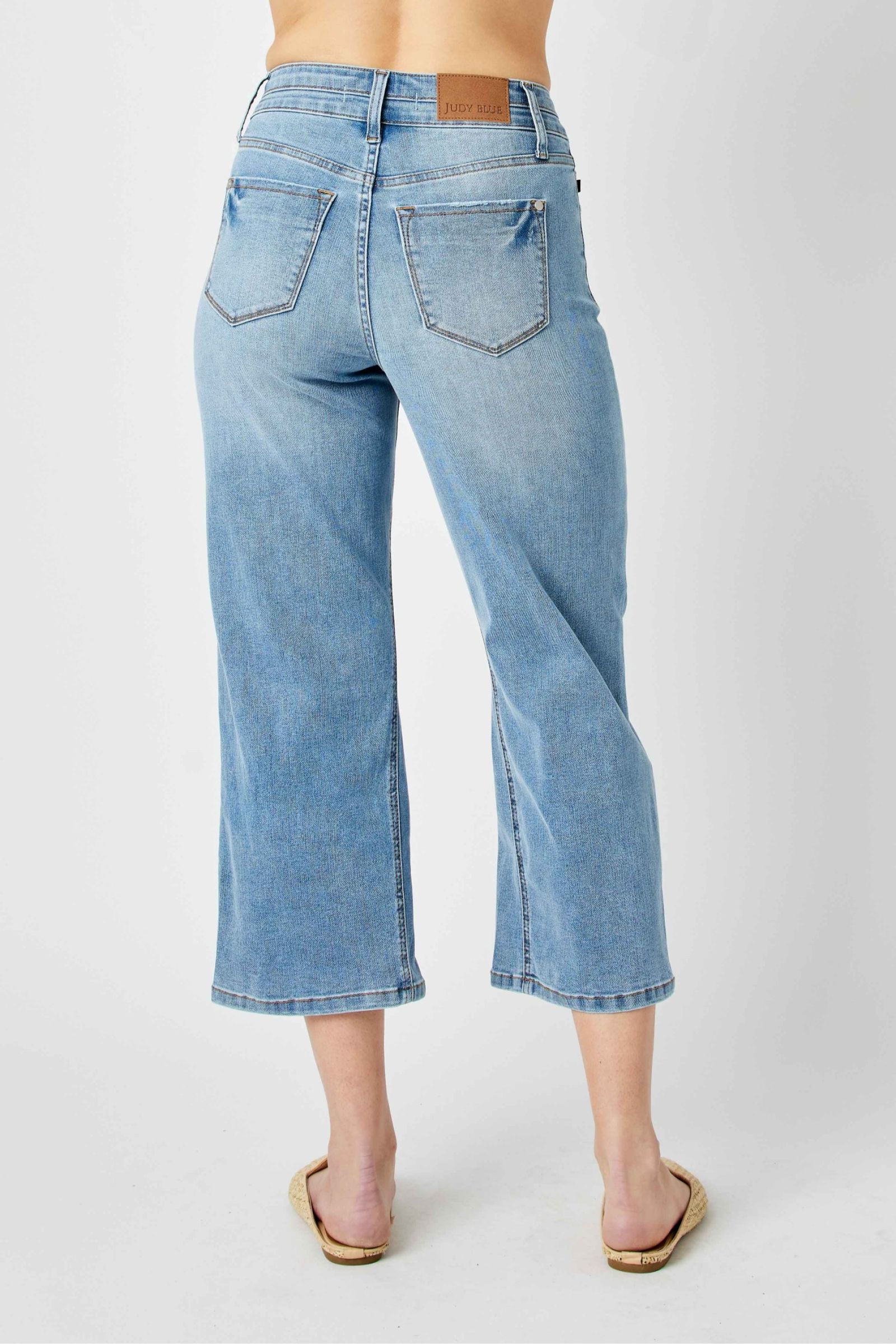 MEDIUM WASH HIGH WAIST DOUBLE WAISTBAND CROPPED WIDE LEG JUDY BLUE DENIM-PLUS