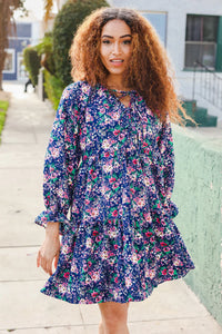 NAVY FLORAL BOW TIE BABYDOLL LONG SLEEVE RUFFLE DRESS