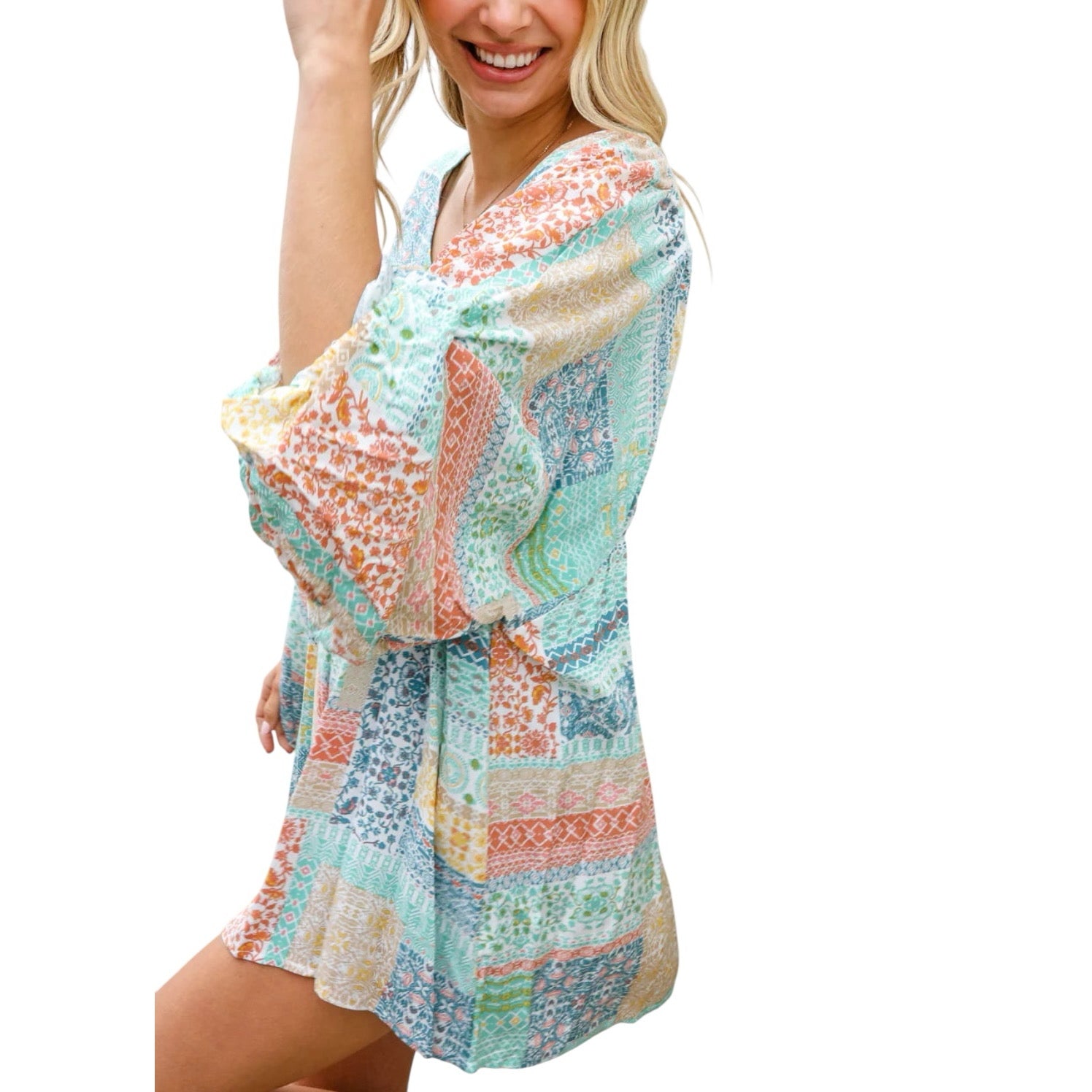 MINT PEACH BOHEMIAM PRINTED PATCHWORK 3/4 BUBBLE SLEEVE VNECK TOP- PLUS- SALE- 1X & 2X AVAILABLE