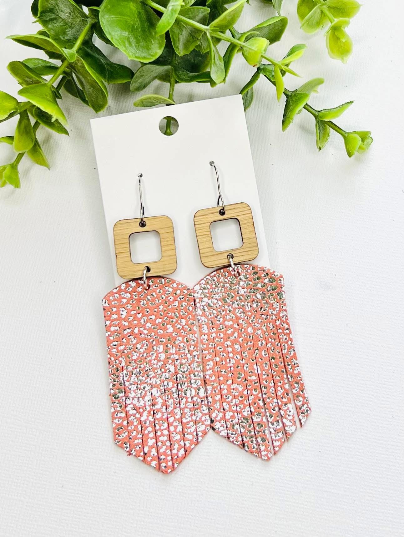 CORAL SILVER LEOPARD PRINT METALLIC FEATHER-LIKE LEATHER WITH WOOD SQUARE DISCS HANDMADE EARRINGS BY B.O.D