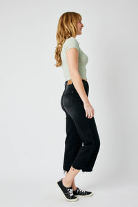 BLACK HIGH WAIST DESTROYED RAW HEM CROP WIDE LEG JUDY BLUE DENIM