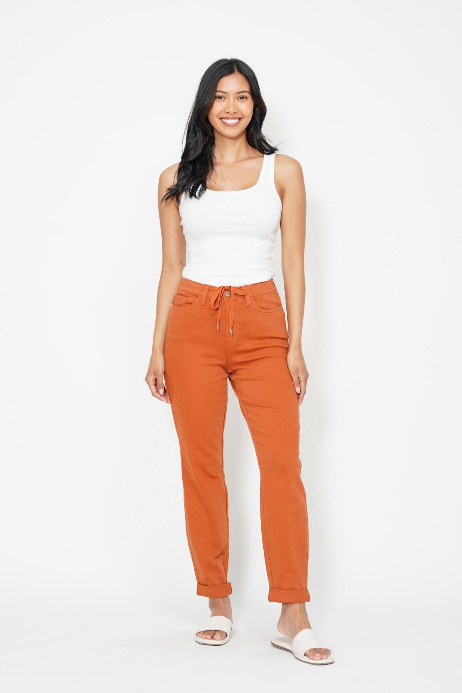 AUBURN ORANGE HIGH WAIST GARMENT DYED JOGGERS DOUBLE CUFFED JUDY BLUE DENIM