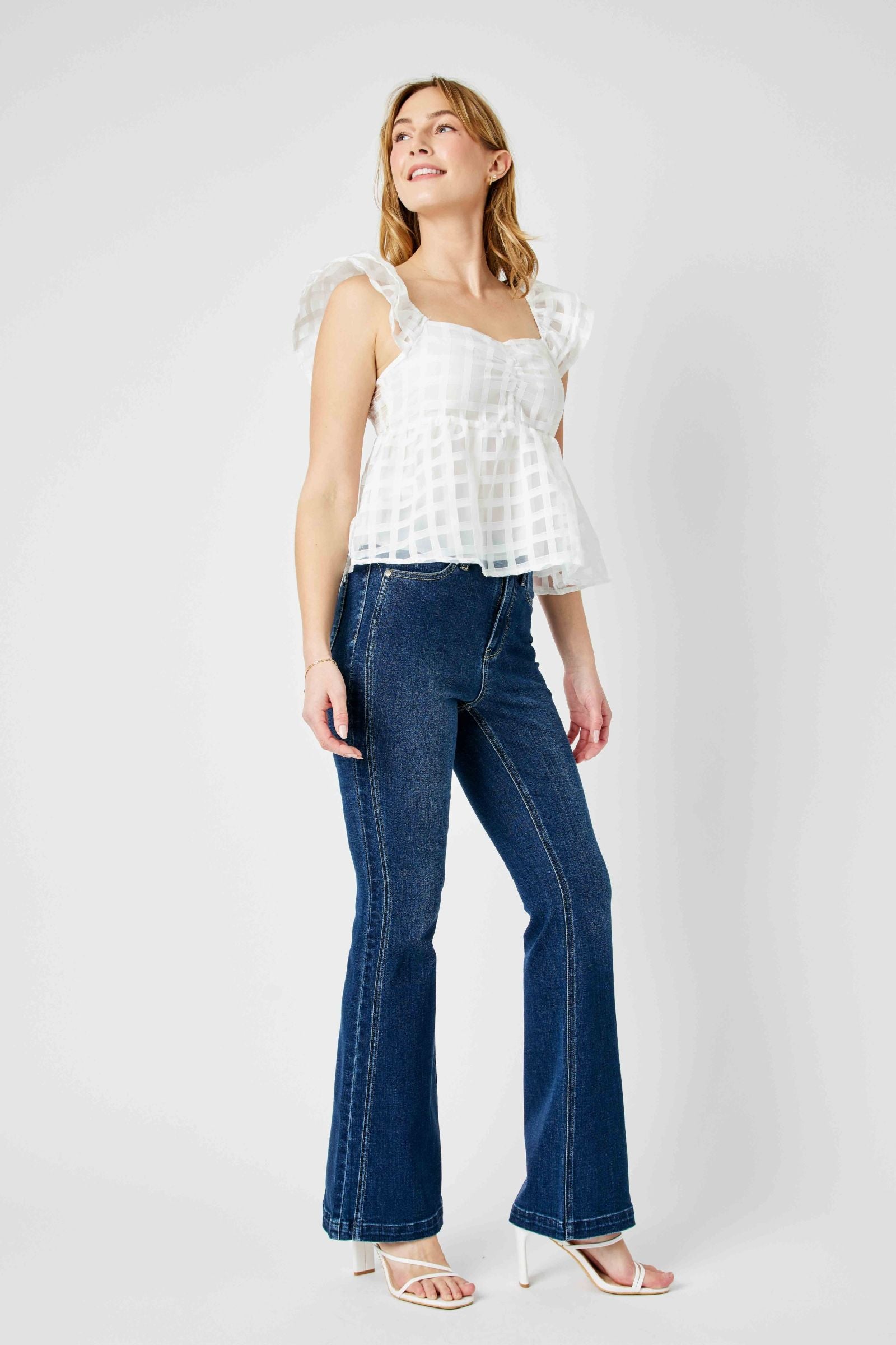 HIGH WAIST ANGLED SIDE SEAM DETAIL FLARE DENIM JUDY BLUE DARKWASH