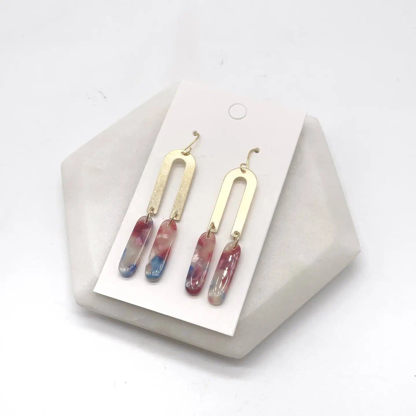 PINK CORAL BLUE ACRYLIC DANGLY GOLD OBLONGATED ARCH HANDMADE BBB EARRINGS