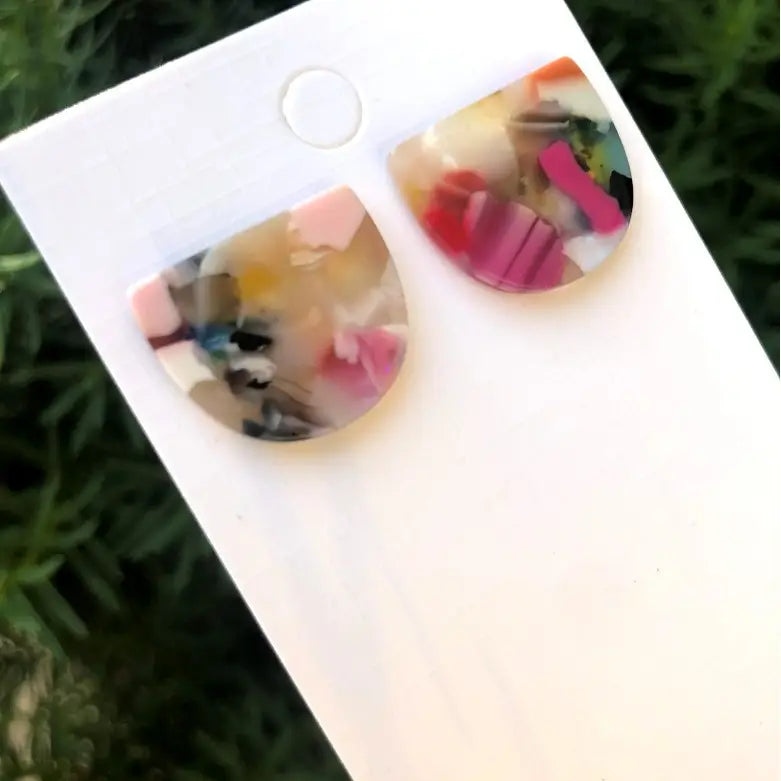 MULTI COLOR ACRYLIC STATEMENT STUD HALF CIRCLE HANDMADE BBB EARRINGS