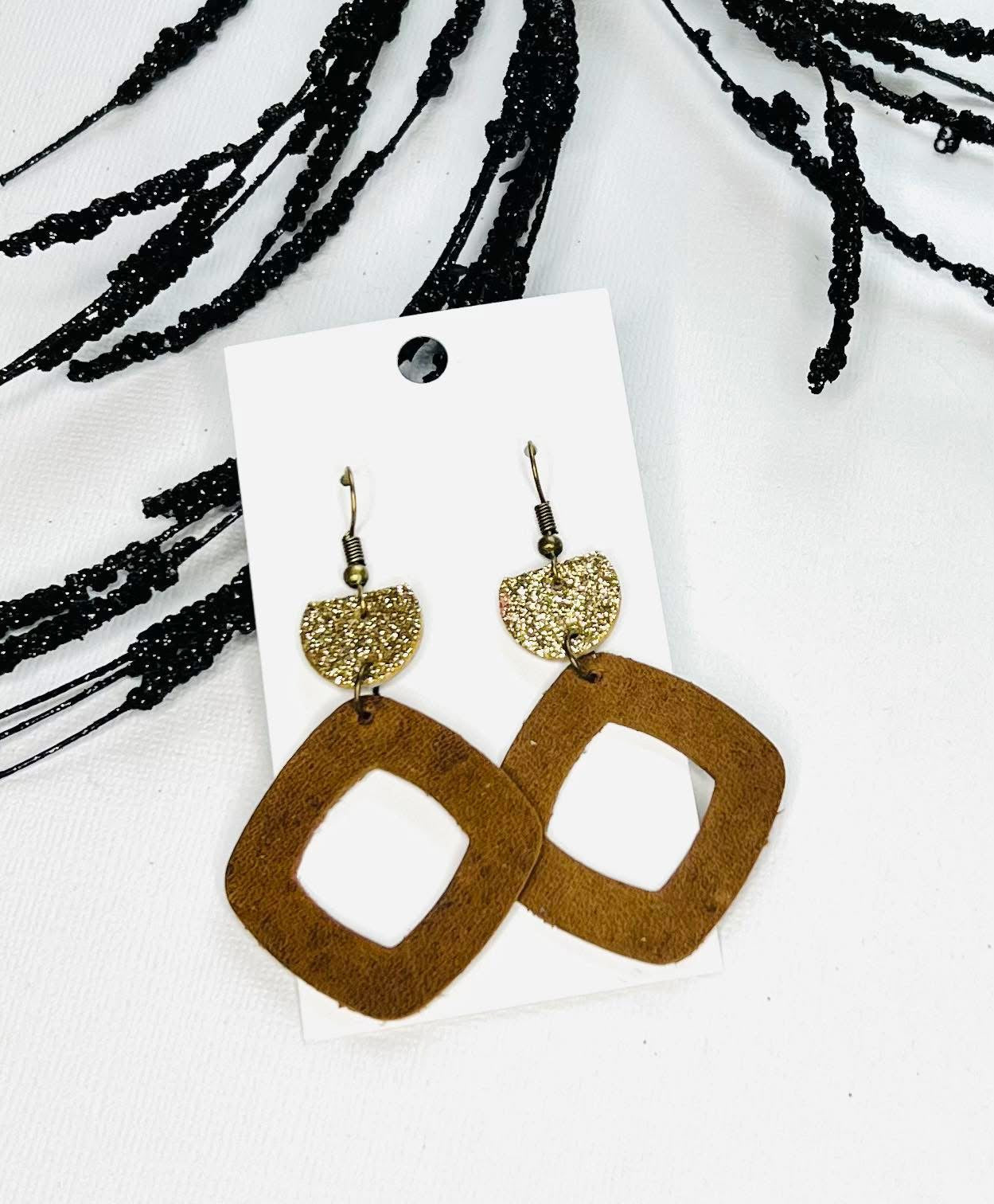LEATHER SQUARE & GOLD GLITTER HALF CIRCLE HANDMADE EARRINGS BY B.O.D