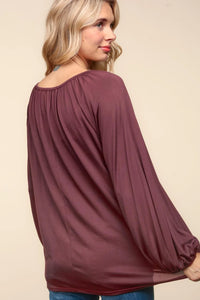 WINE MARSALA FRONT NECK TIED SOLID MODAL KNIT PEASANT TOP