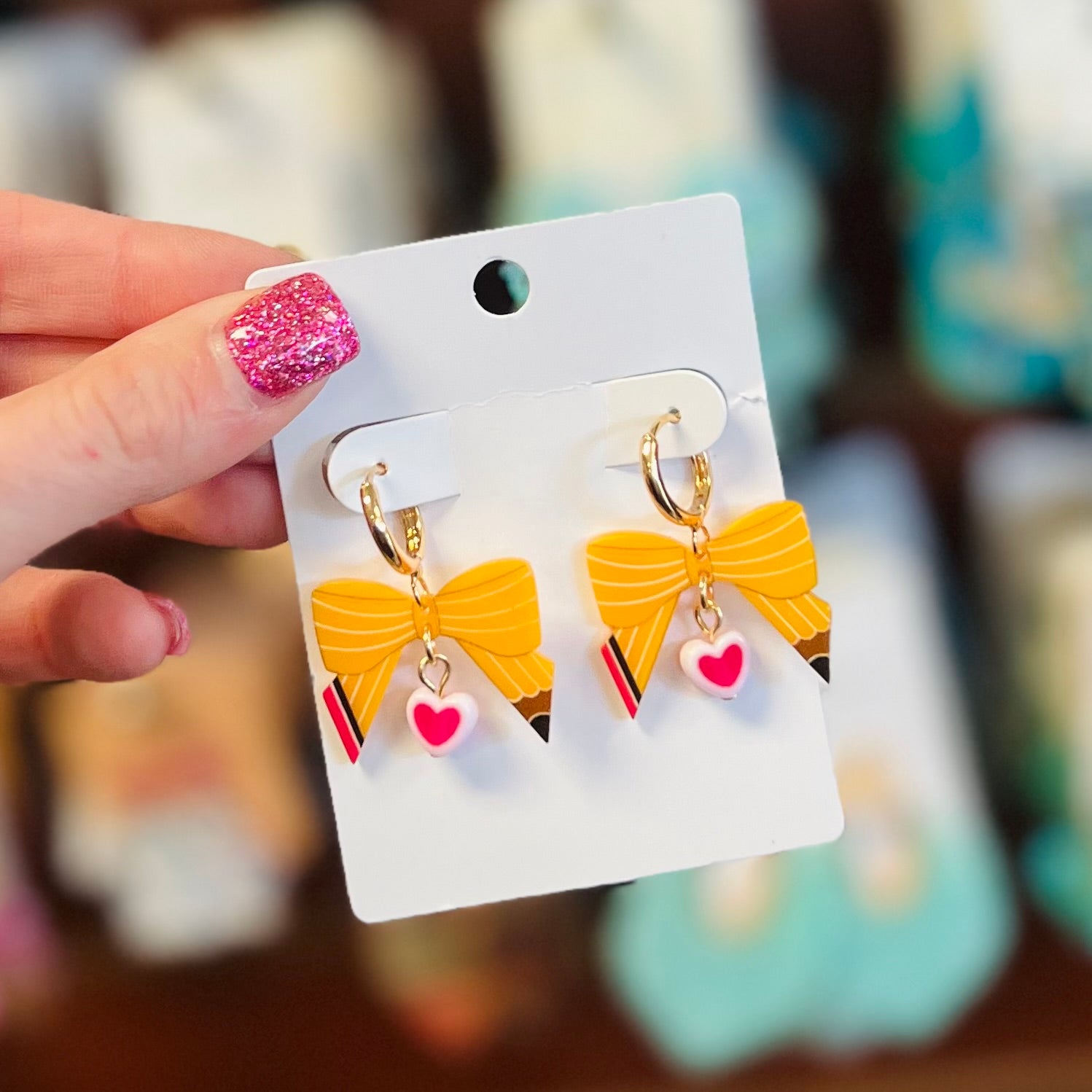 TEACHER PENCIL BOW HEART HUGGIE HOOP EARRINGS