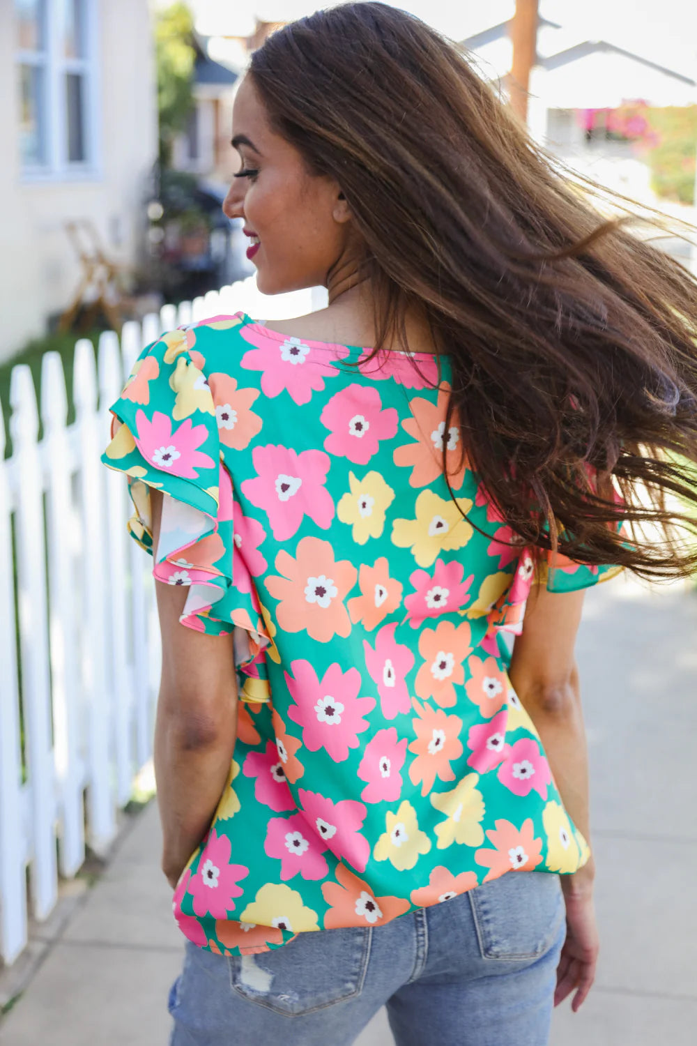 GREEN MULTI FLORAL FLUTTER TOP