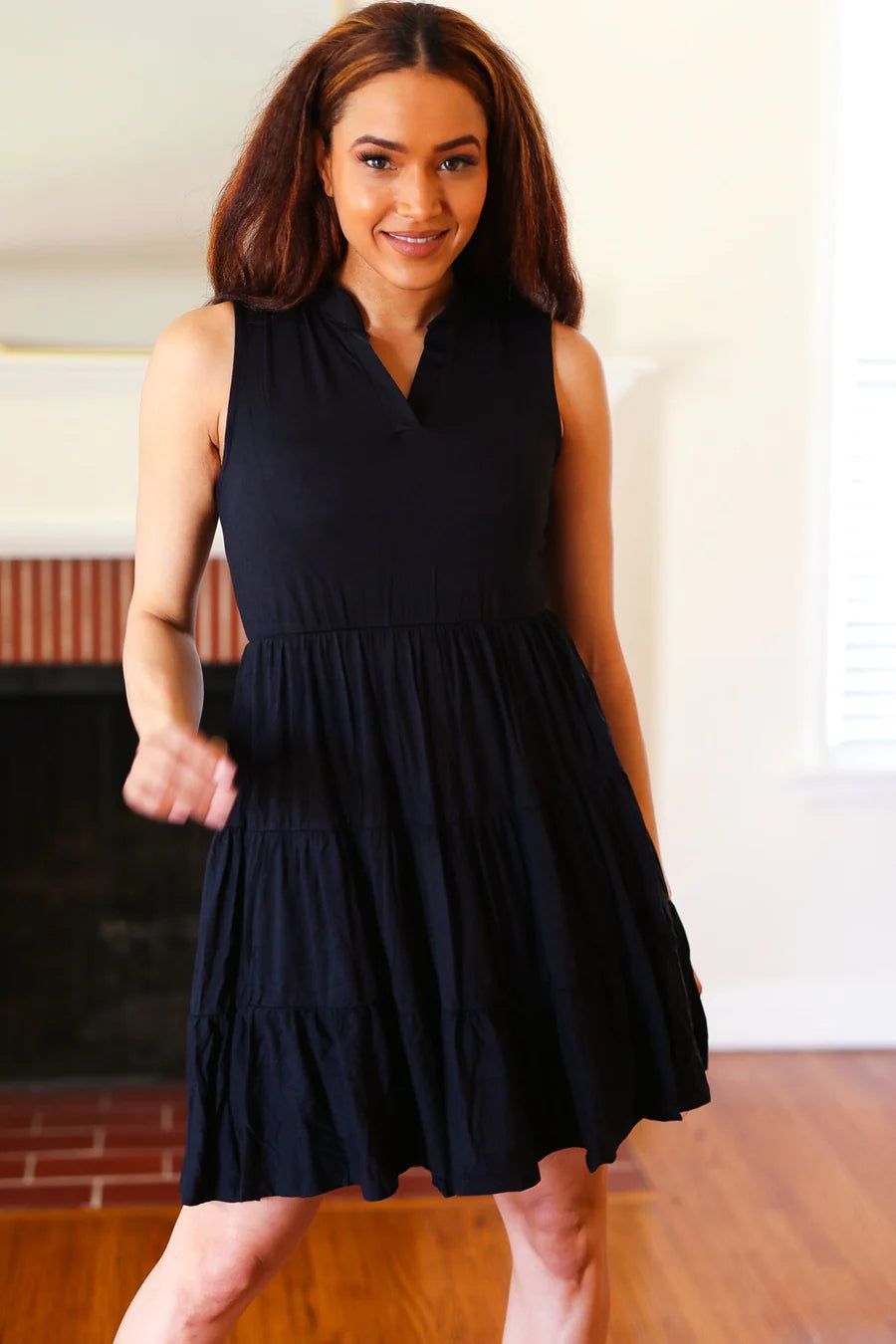 BLACK TIERED SLEEVELESS DRESS