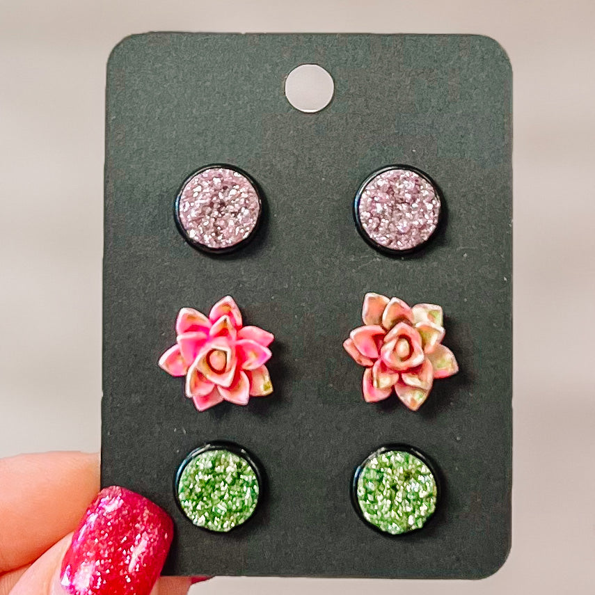 PINK GREEN Succulent 10mm 3 Pack Black Bezel Druzy Earrings Pack