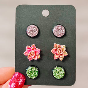 PINK GREEN Succulent 10mm 3 Pack Black Bezel Druzy Earrings Pack