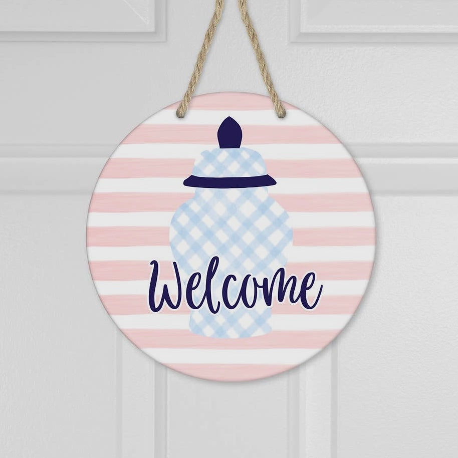 12" Round Door Hanger Decor BLUE GINGER JAR WELCOME