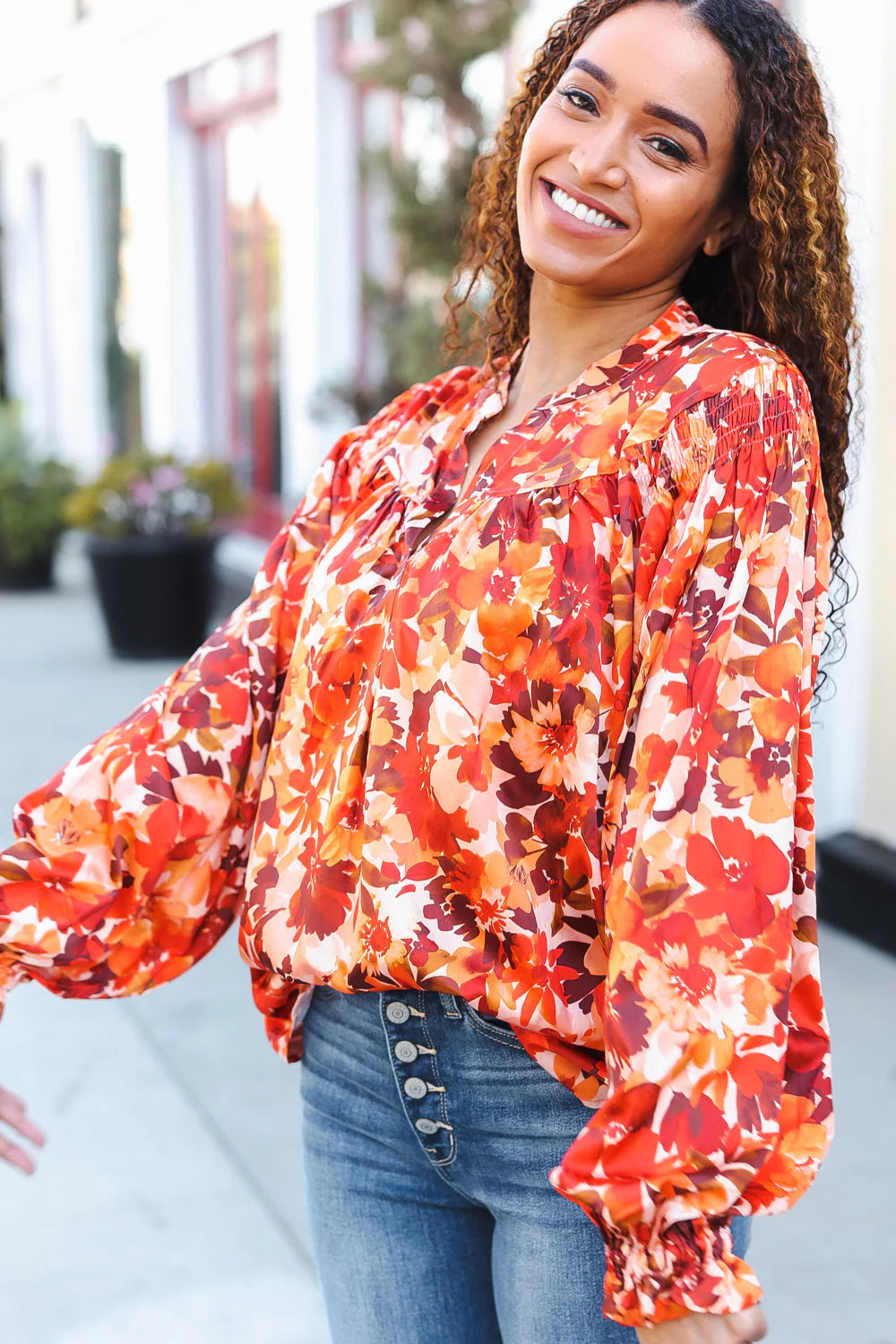 FALL VIBES RUST FLORAL PRINT NOTCHED NECK SMOCKED SATIN BLOUSE-PLUS