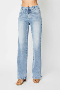 JUDY BLUE HIGH WAIST FRONT YOKE RETRO WIDE MEDIUM WASH DENIM
