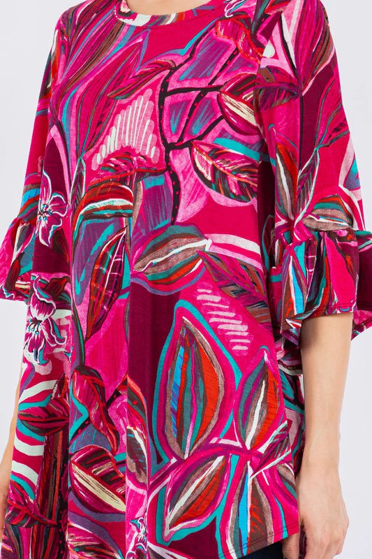 MAGENTA TEAL ABSTRACT PRINT BELL SLEEVE TOP-PLUS