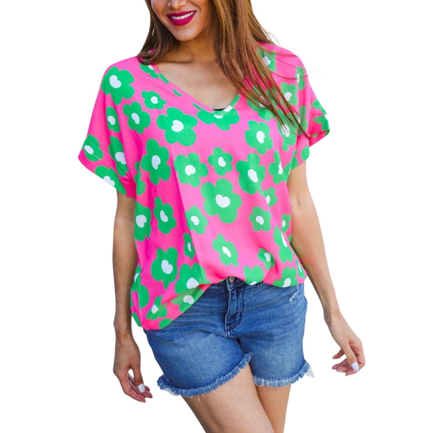 FUCHSIA GREEN FLORAL DOLMAN TOP - SALE- SMALL, MEDIUM & LARGE AVAILABLE
