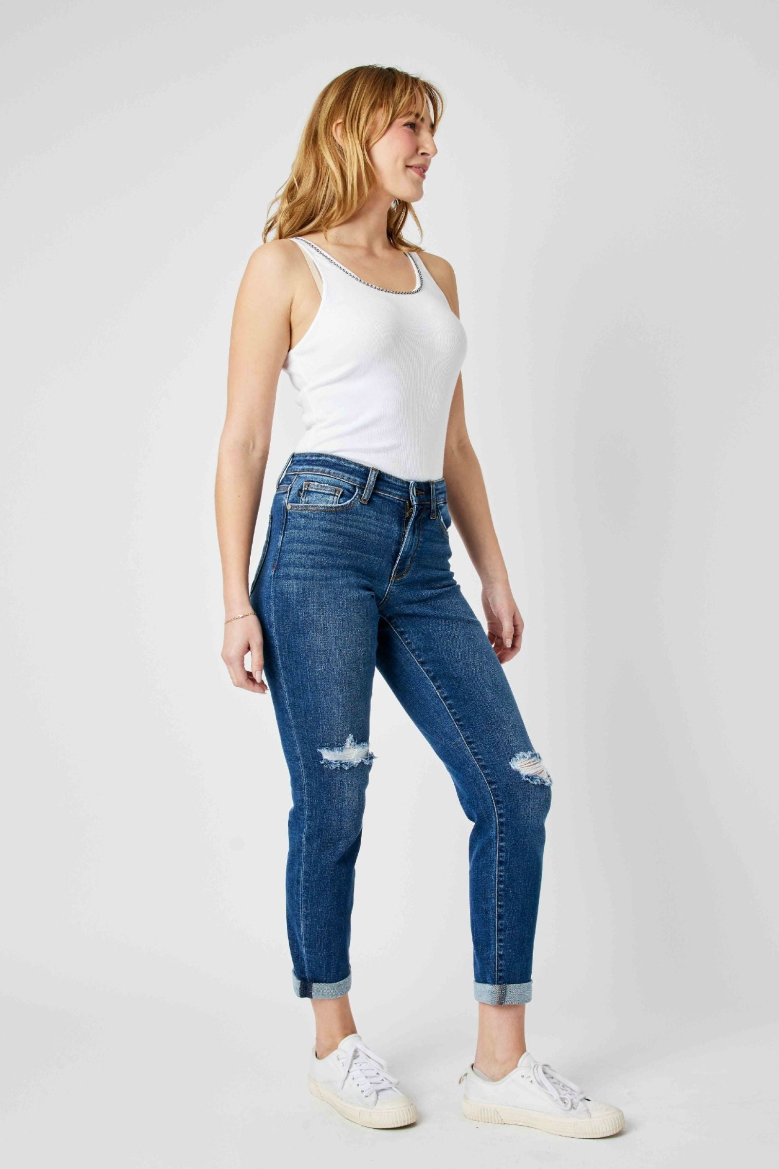 MID RISE DESTROYED SLIM MEDIUM WASH JUDY BLUE DENIM-PLUS