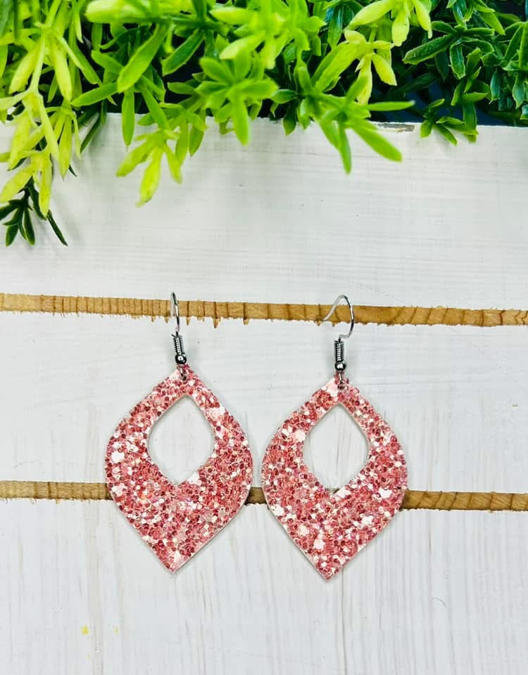 TEARDROP DIAMOND GLITTER OPEN-CENTER DESIGNED LEATHER HANDMADE EARRINGS BY B.O.D