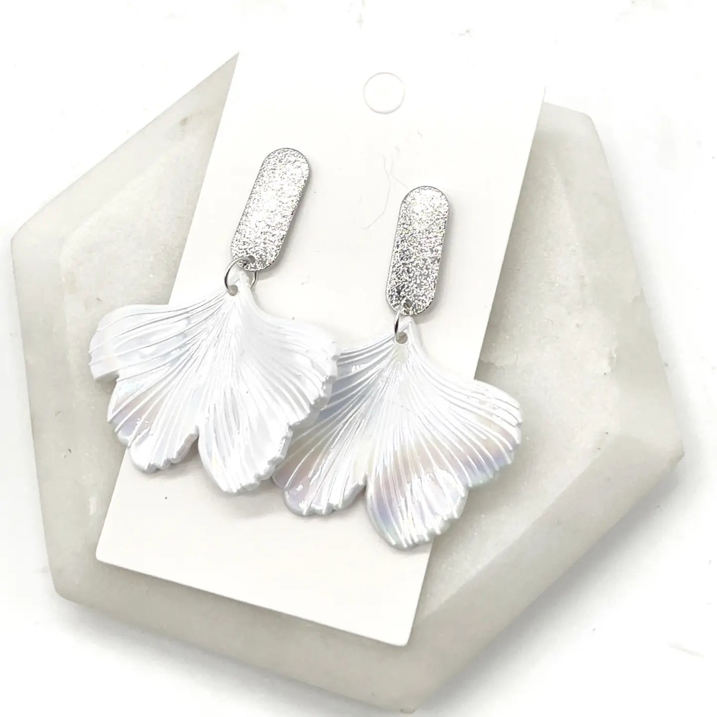 IRIDESCENT WHITE PEARL GINGKO LEAF STATEMENT HANDMADE BBB EARRINGS