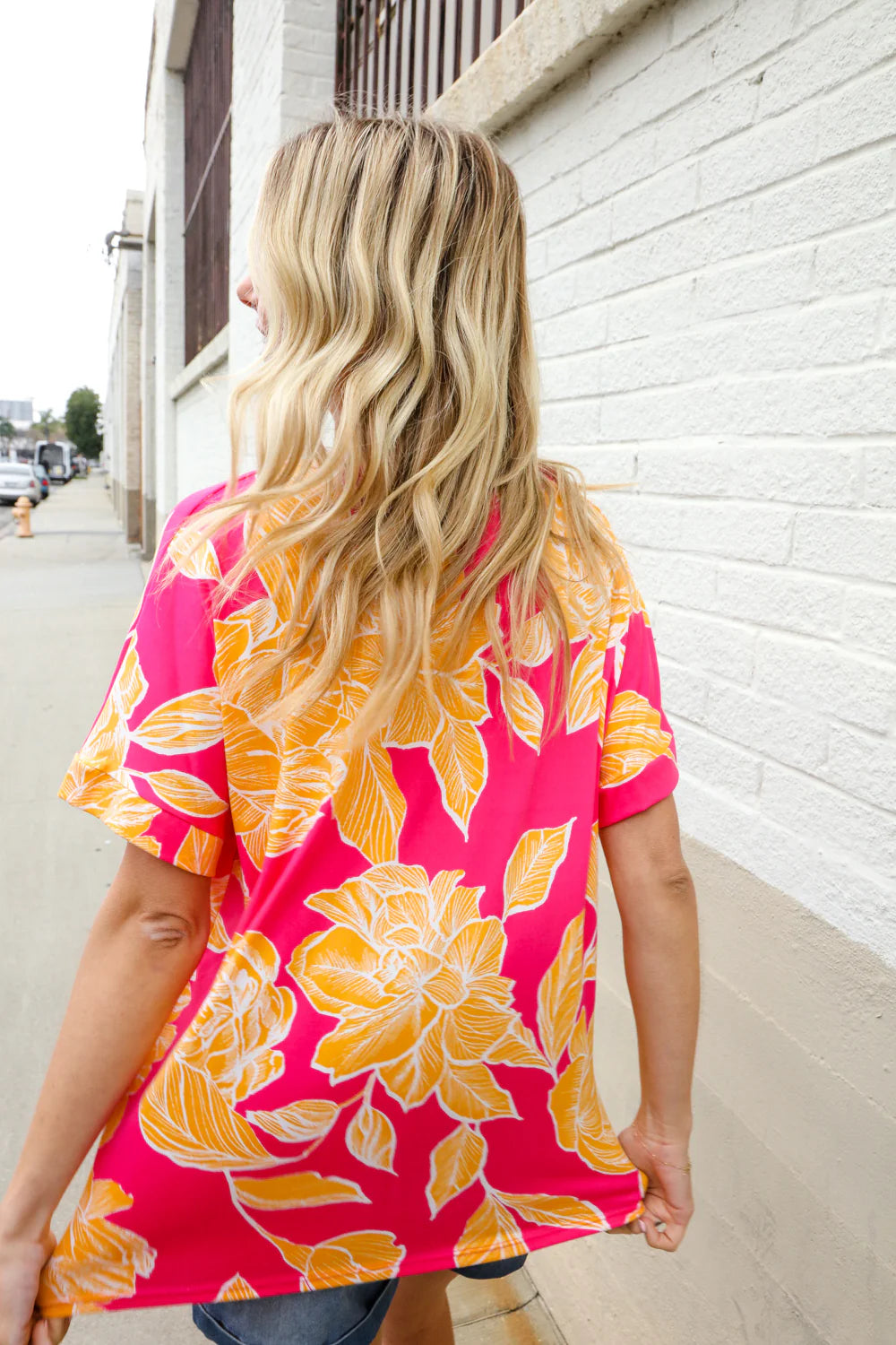 MAGENTA ORANGE FLORAL DROP SHOULDER KNIT VNECK TOP- SALE