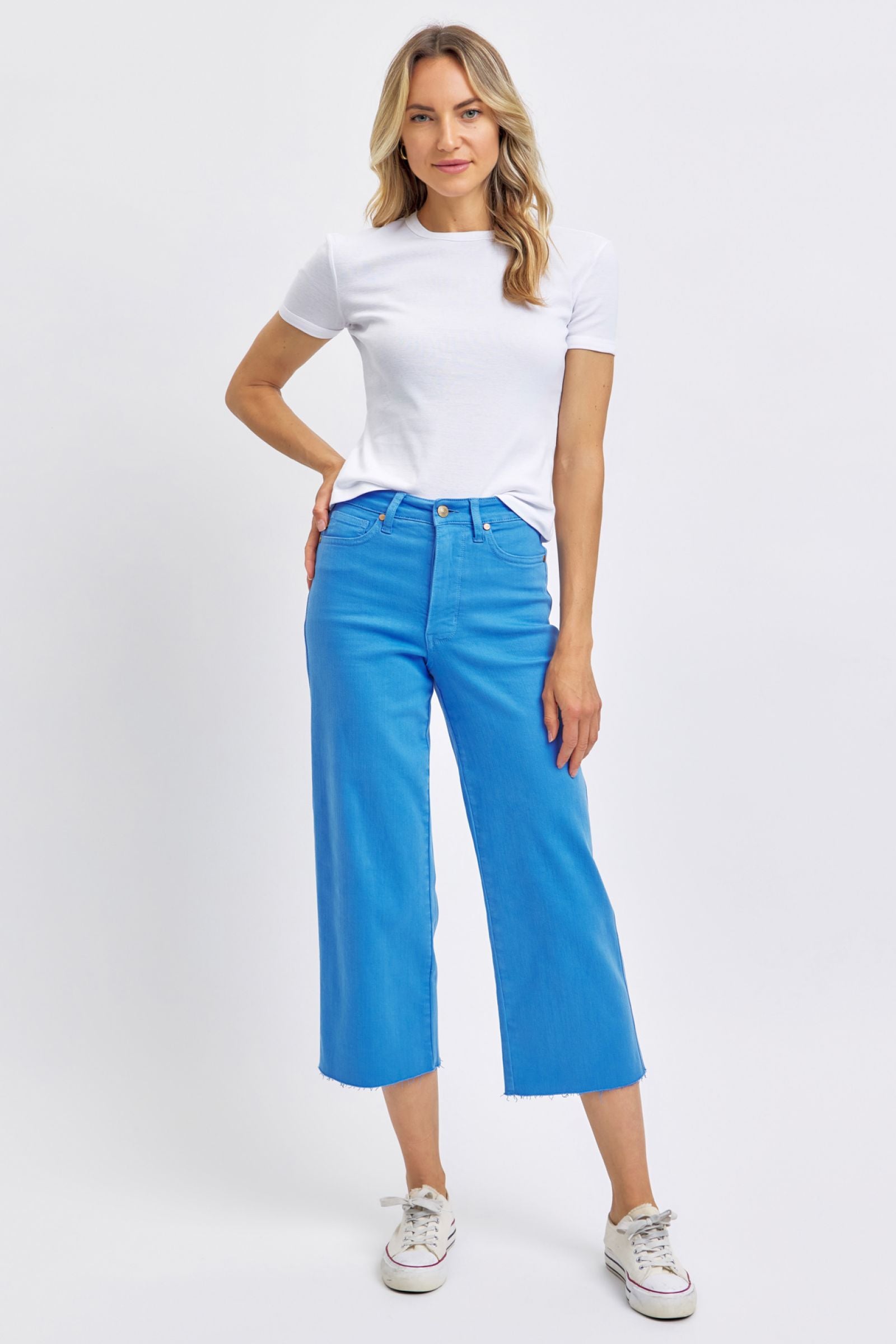 SKY BLUE HIGH WAIST GARMENT DYED TUMMY CONTROL CROP WIDE LEG JUDY BLUE DENIM-PLUS