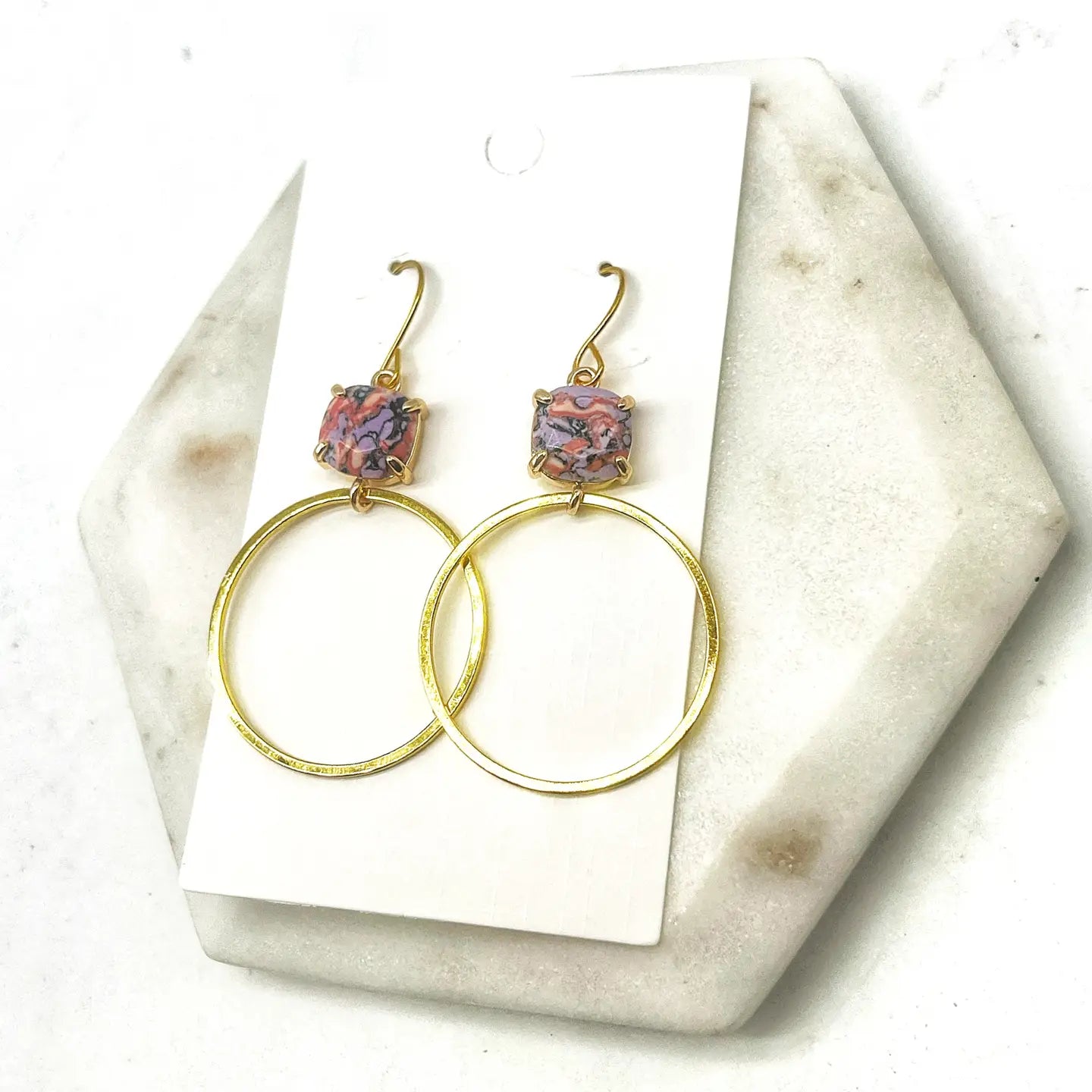PINK PURPLE GEM STONE GOLD HOOP STATEMENT HANDMADE BBB EARRINGS