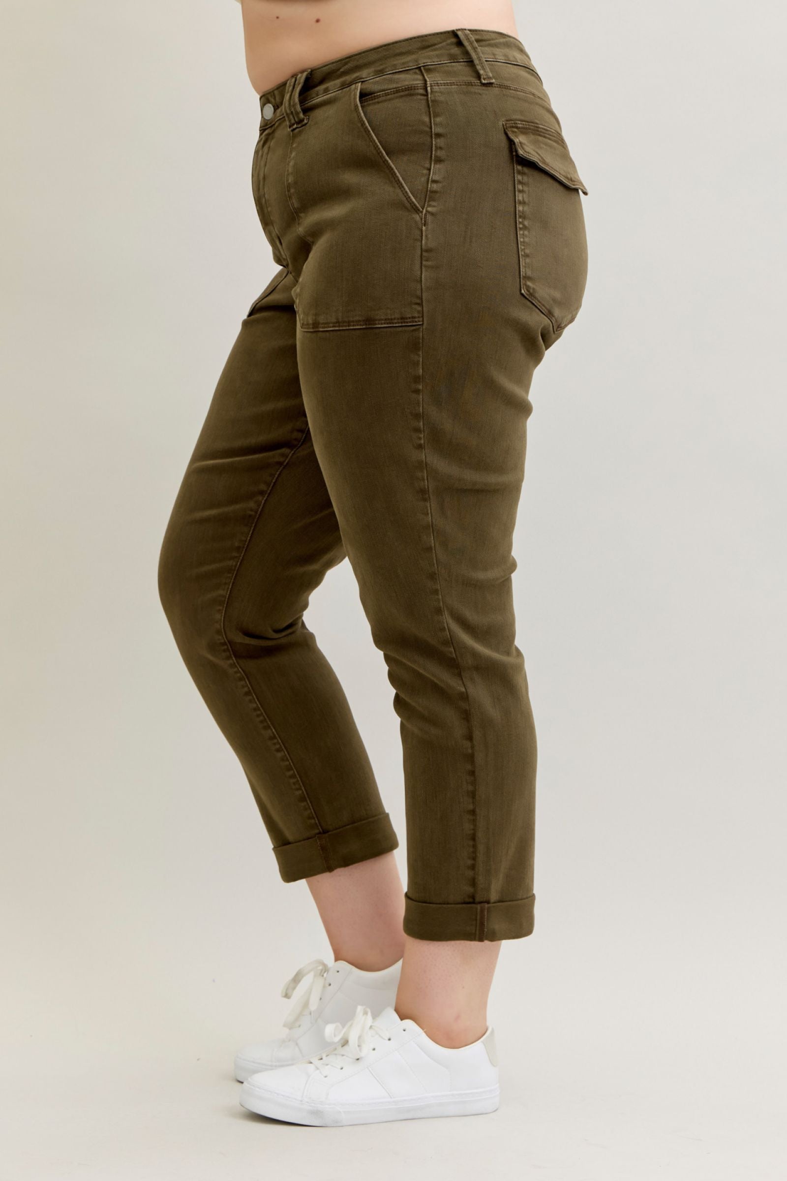 DARK FOREST GREEN HIGH WAIST AURORA WEEKENDER GARMENT DYED CUFFED JUDY BLUE DENIM-PLUS