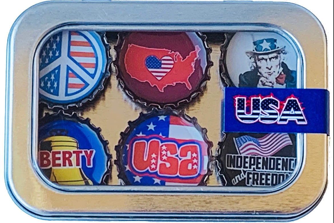 USA 4TH OF JULY HANDMADE BOTTLE CAP MAGNET BOX SETS OF 6 (MADE BY KATE) - SALE