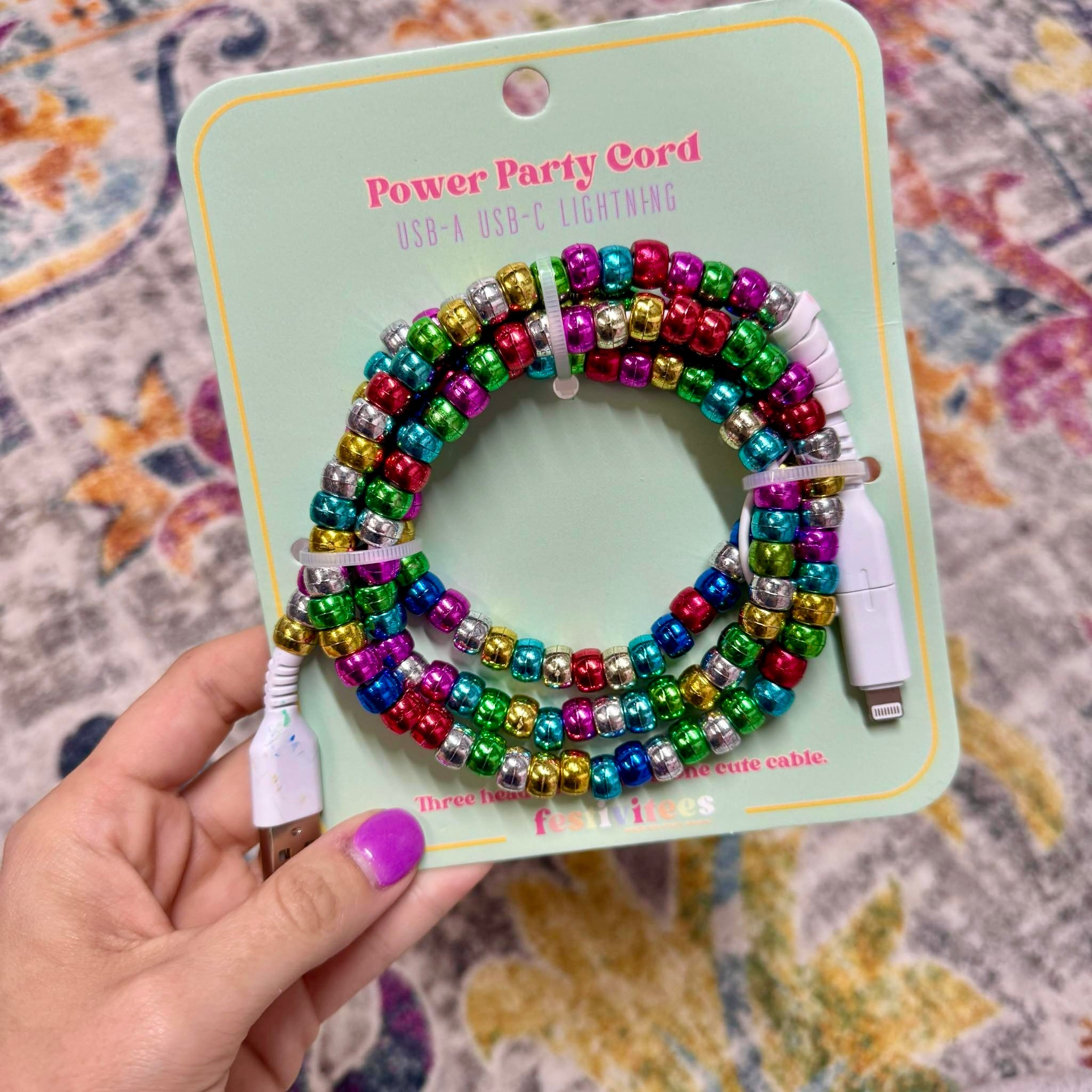 FANCY SMANCY BEADED CHARGING CABLES (USB-A TO DUAL USB-C / LIGHTENING 3 FOOT