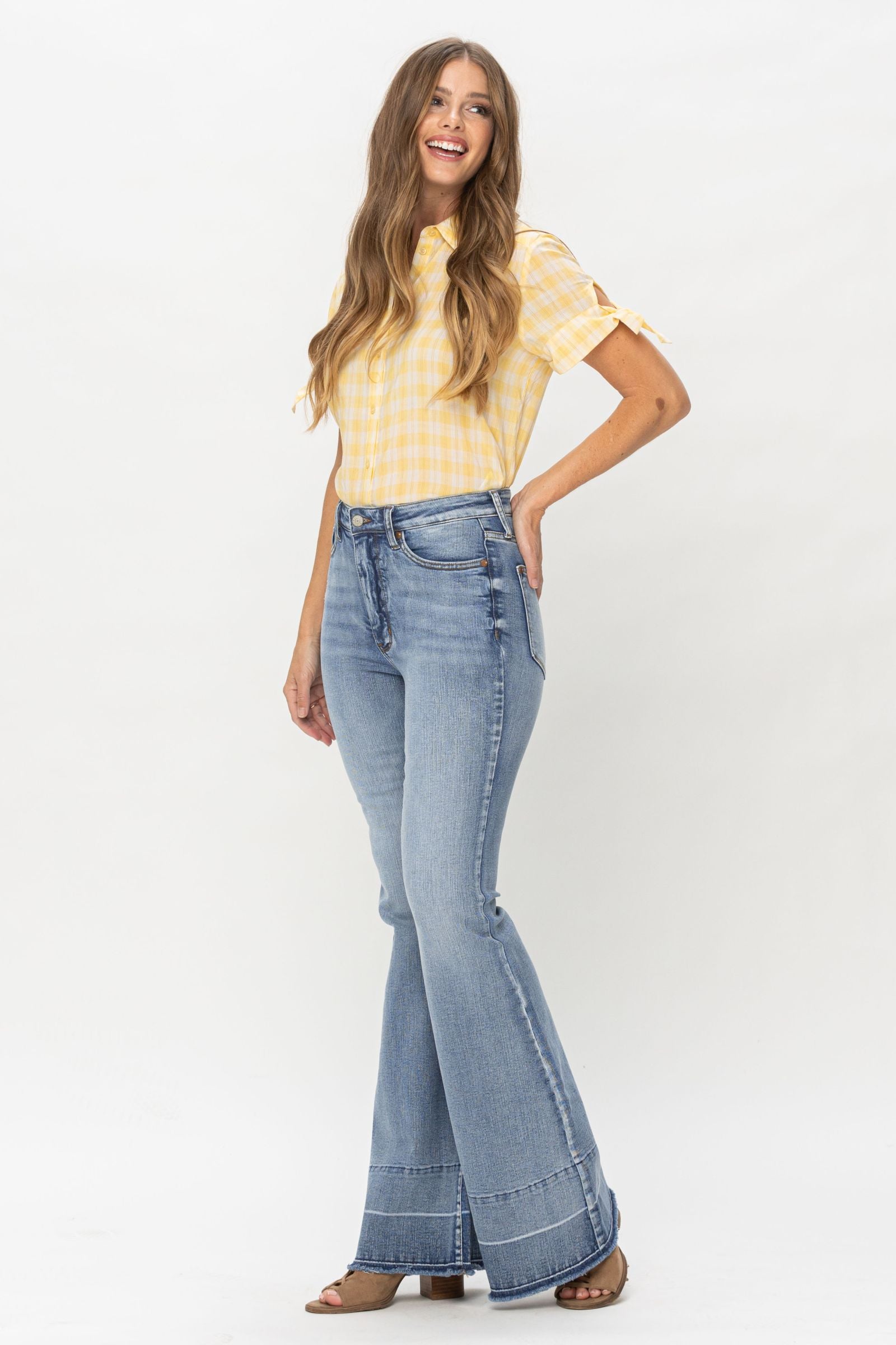 MEDIUM WASH HIGH WAIST TUMMY CONTROL WITH RELEASE HEM FLARE JUDY BLUE DENIM-PLUS