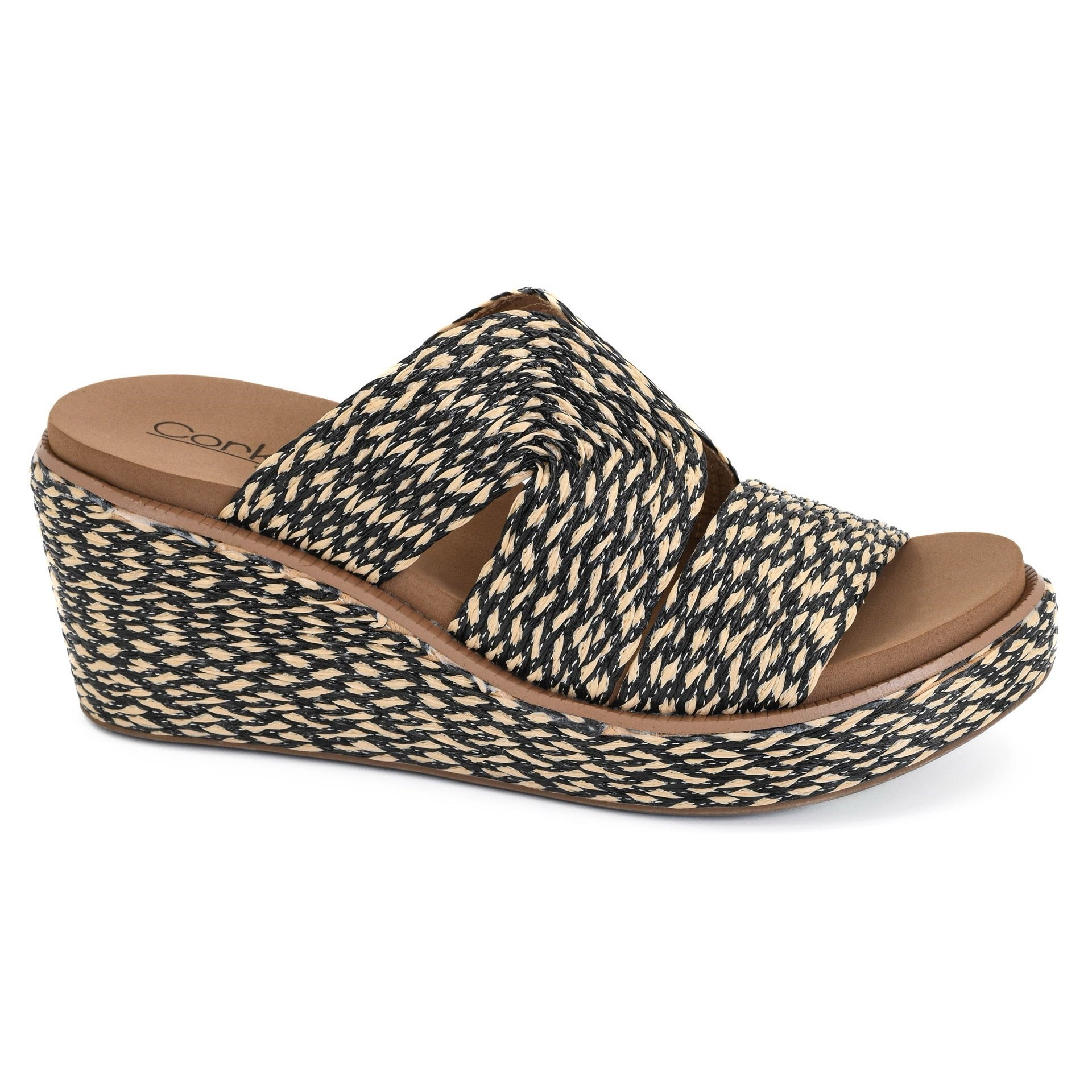 GOLDEN HOUR BLACK COMBO CORKYS SANDAL WEDGES