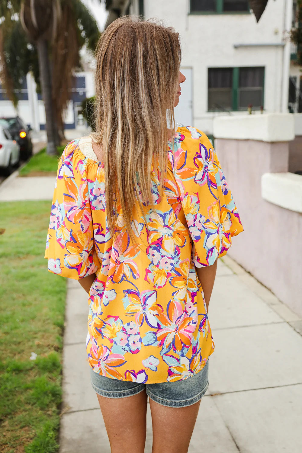 YELLOW PINK BLUE FLORAL BUBBLE SLEEVE TOP