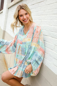 MINT PEACH BOHEMIAM PRINTED PATCHWORK 3/4 BUBBLE SLEEVE VNECK TOP-PLUS