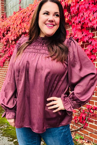 WINE MARSALA BE YOUR BEST SATIN SHIRRED YOKE FRILLY MOCK NECK BLOUSE