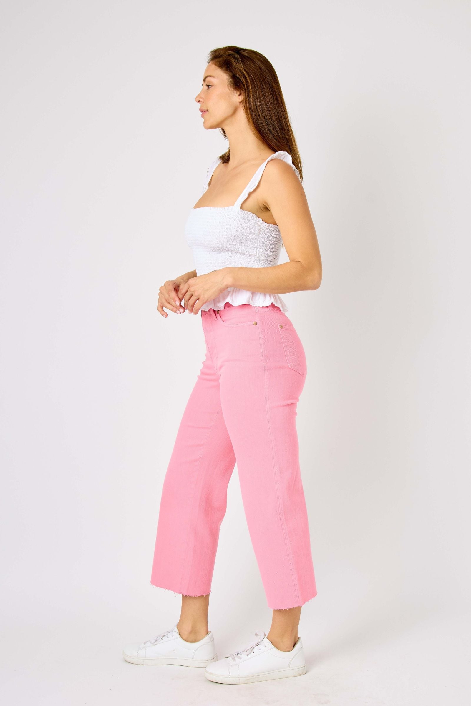 PINK HIGH WAIST GARMENT DYED TUMMY CONTROL CROPPED WIDE LEG JUDY BLUE DENIM- PLUS