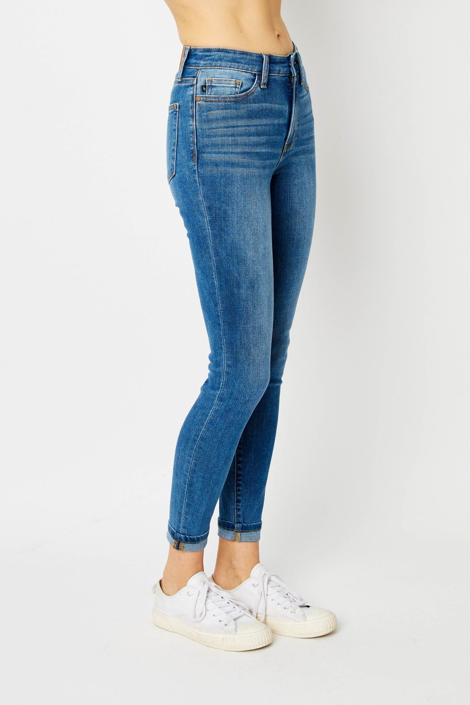 MEDIUM WASH HIGH WAIST CUFFED HEM SKINNY JUDY BLUE DENIM-PLUS