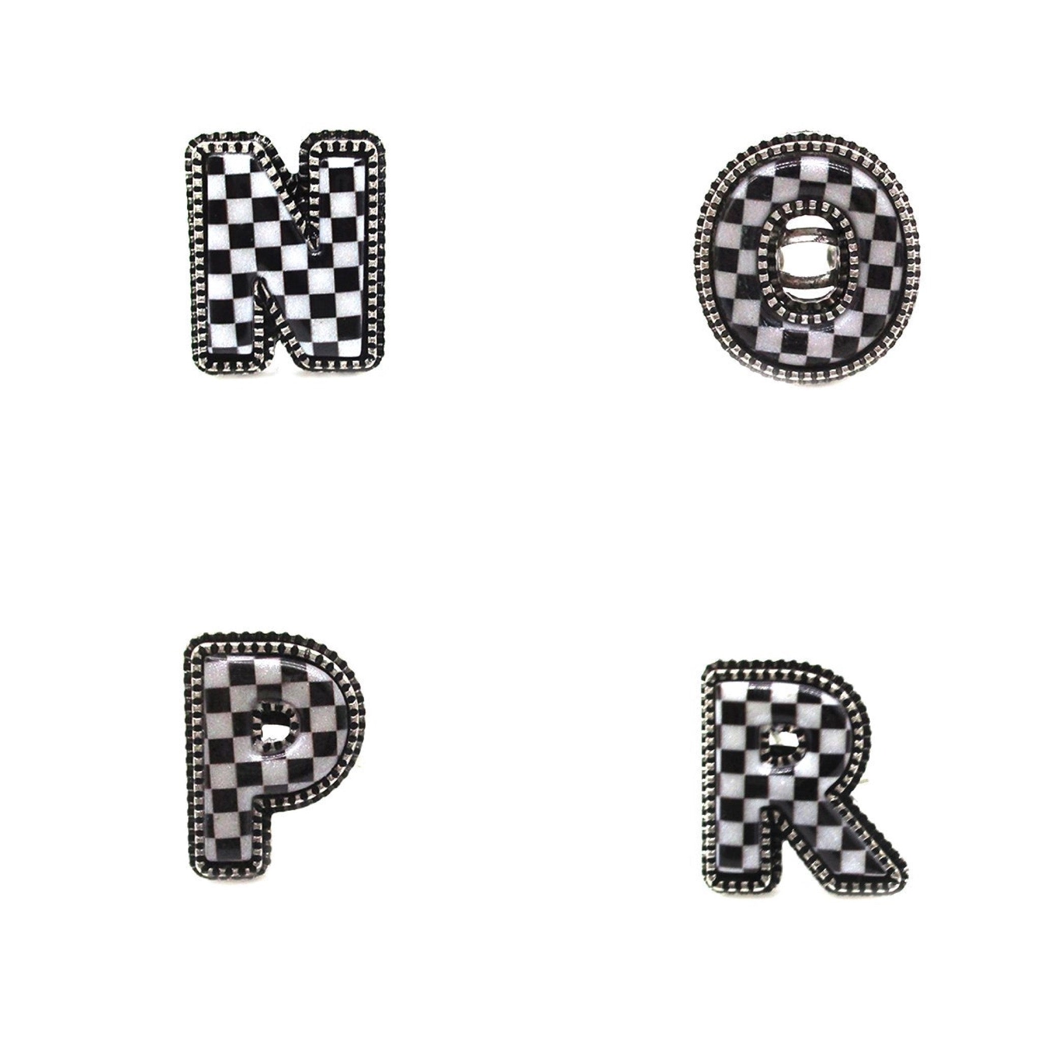 CHECKERED BUBBLE INITIAL BLACK & WHITE ON SILVER ADJUSTABLE CUFF RING
