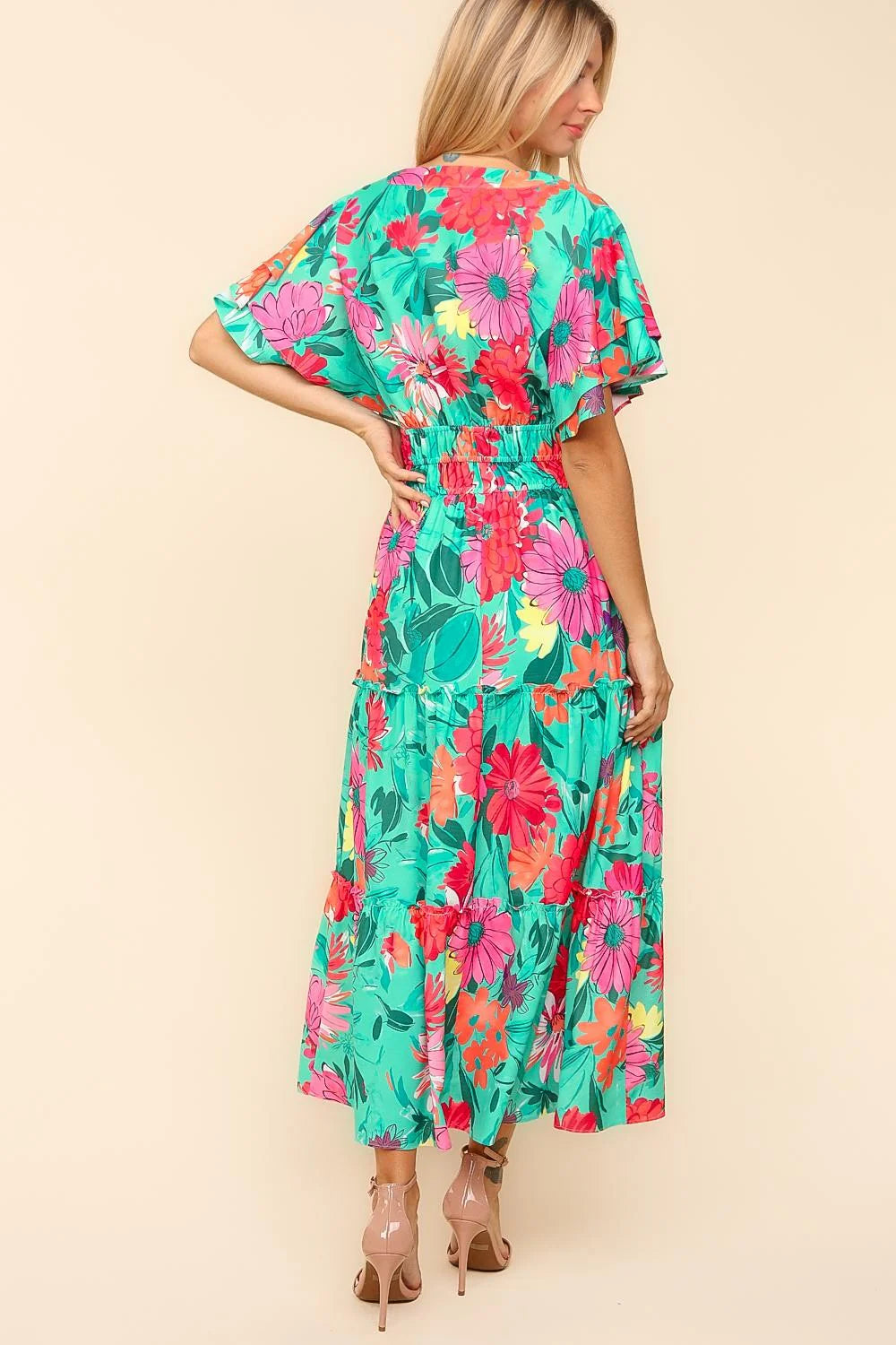 TEAL AQUA PINK SUMMERY FLORAL MAXI DRESS WITH POCKETS