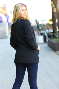 BLACK NOTCHED LAPEL RUCHED SLEEVE BLAZER-PLUS